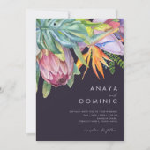 Lässige tropische Flora | Lila Hochzeit Einladung (Vorderseite)