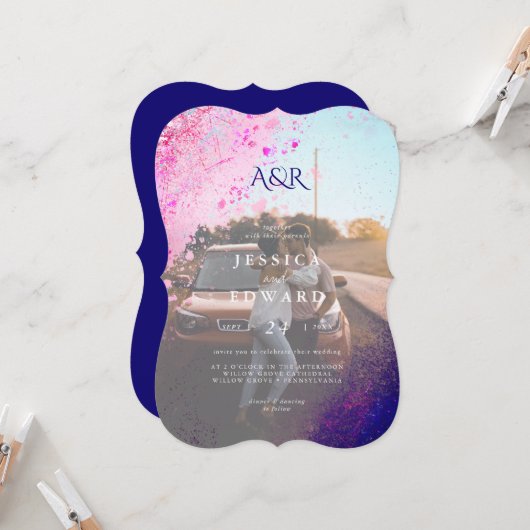 Lässige Whimsical Pink Blue Glitzer Foto Hochzeit Einladung (Vorderseite/Rückseite Beispiel)