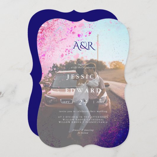 Lässige Whimsical Pink Blue Glitzer Foto Hochzeit Einladung (Vorne/Hinten)