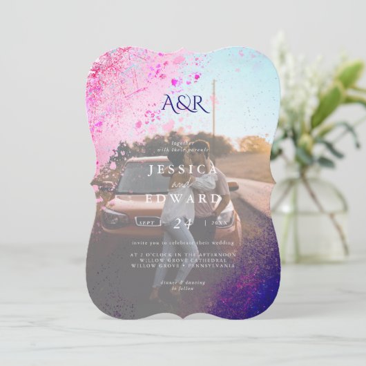 Lässige Whimsical Pink Blue Glitzer Foto Hochzeit Einladung (Stehend Vorderseite)