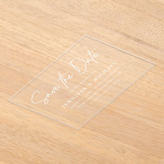 Lässige White Script-Hochzeit speichern Sie das Da Acryleinladungen (Ablage )