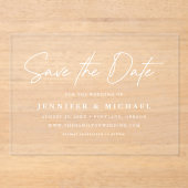 Lässige White Script-Hochzeit speichern Sie das Da Acryleinladungen (Vorderseite)