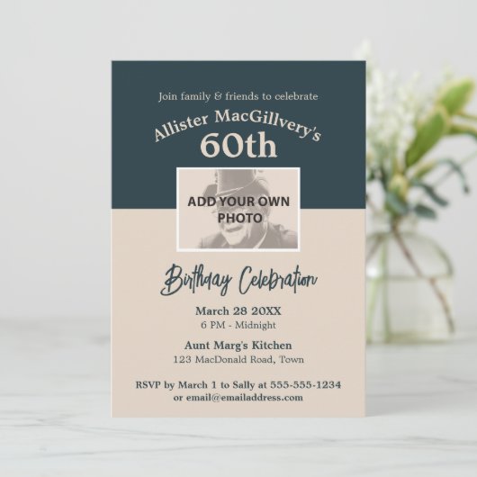 Lässiger 60. Geburtstag Einladung mit Foto - Blau (Stehend Vorderseite)