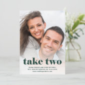 Lässiger Text | Zwei Fotos Emerald Green umgeplant Save The Date (Stehend Vorderseite)