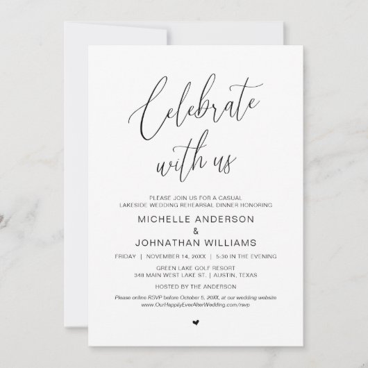 Lässiges Abendessen am See Moderne Hochzeit Probe Einladung (Vorderseite)