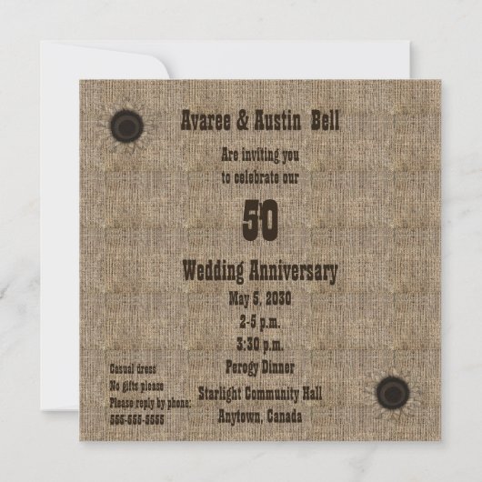 Lässiges Burlap-Party zum 50. Jubiläum Einladung (Rückseite)