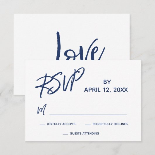 Lässiges Handwriting-Skript Navy Blue Wedding RSVP Karte (Vorne/Hinten)