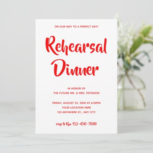 Lässiges Rotes Skript | Probe Dinner Einladung (Stehend Vorderseite)