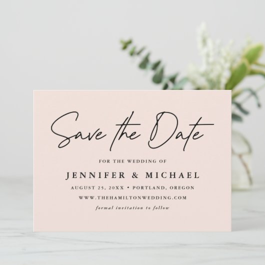 Lässiges Script Blush-Foto Save The Date (Stehend Vorderseite)