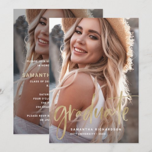 Lässiges Script-Gold | Partei für zwei Fotos Einladung (Vorne/Hinten)