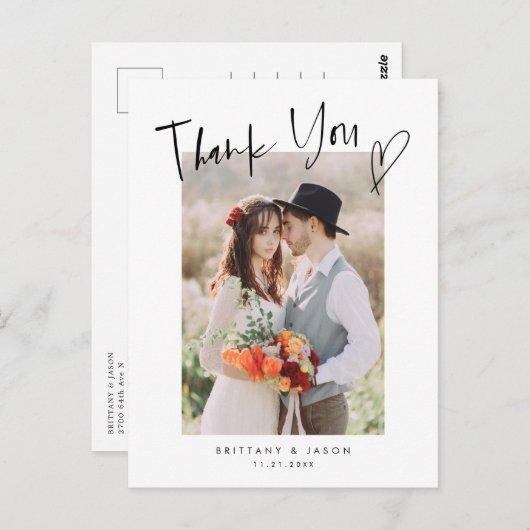 Lässiges Script Heart Modern Wedding Foto Postkarte (Vorne/Hinten)