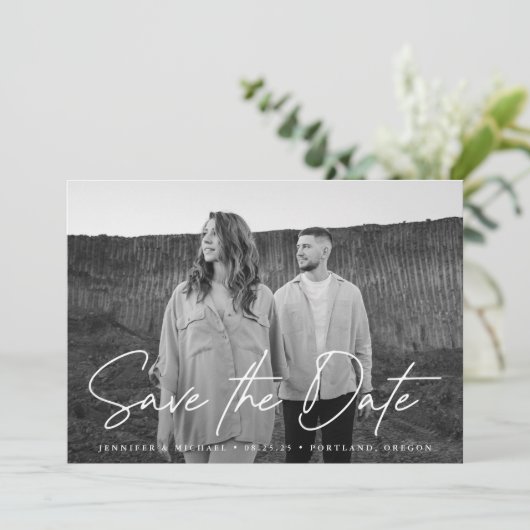 Lässiges Script Navy-Foto Save The Date (Stehend Vorderseite)