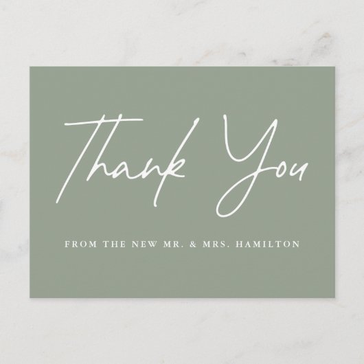 Lässiges Script Sage Green Wedding Vielen Dank Postkarte (Vorderseite)