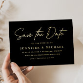 Lässiges Script Schwarz und Gold Hochzeit Sichern Folieneinladung