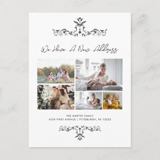 Lässiges Skript 5 Fotos Verzierte Bewegungsankündi Postkarte (Vorderseite)