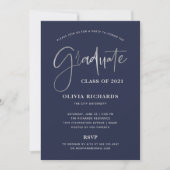 Lässiges Skript Navy Blue und Silver | Grad Party Einladung (Vorderseite)
