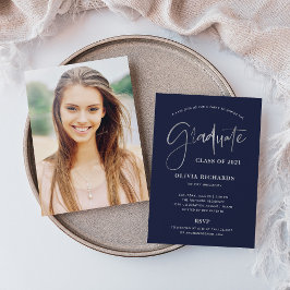 Lässiges Skript Navy Blue und Silver | Grad Party Einladung