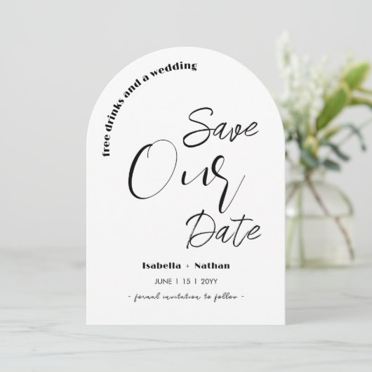 Lässiges Skript Save the Date Freie Getränke Hochz Einladung (Stehend Vorderseite)