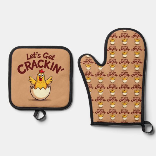Lass's Get Crackin's Funny Chicken Farm Pun Ofenhandschuh & Topflappen-Set (Vorderseite)