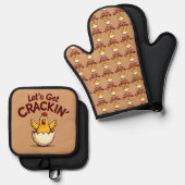 Lass's Get Crackin's Funny Chicken Farm Pun Ofenhandschuh & Topflappen-Set (Vorderseite/Rückseite)