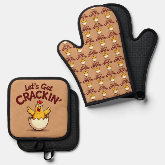 Lass's Get Crackin's Funny Chicken Farm Pun Ofenhandschuh & Topflappen-Set (Vorderseite/Rückseite)