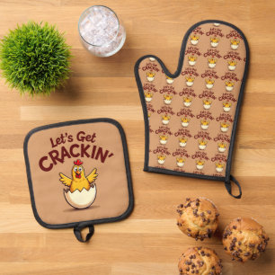 Lass's Get Crackin's Funny Chicken Farm Pun Ofenhandschuh & Topflappen-Set