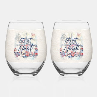 Lass's Get Nauti Nautical Beach Coastal Boat Theme Weinglas Ohne Stiel