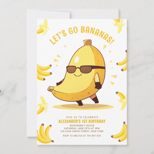 Lass's Go Bananas Spaß Geburtstag Einladung (Vorderseite)