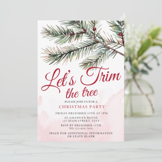 Lass's Trim the Tree Christmas Party Wasserfarbe Einladung (Stehend Vorderseite)