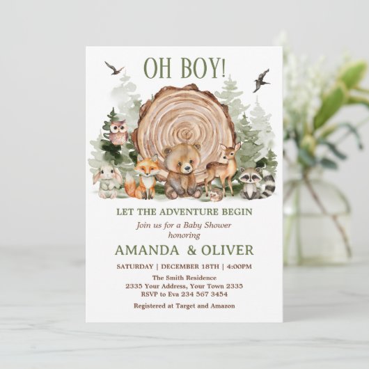 Lasst die Abenteuer beginnen Waldjunge Baby Shower Einladung (Stehend Vorderseite)