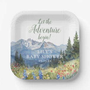 Lasst die Abenteuer-Berg-Blumen-Baby-Party los Pappteller