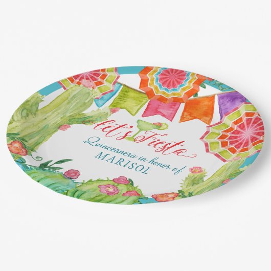 Lässt Fiesta-Kaktus Quinceanera 15. Pappteller (Schrägansicht)