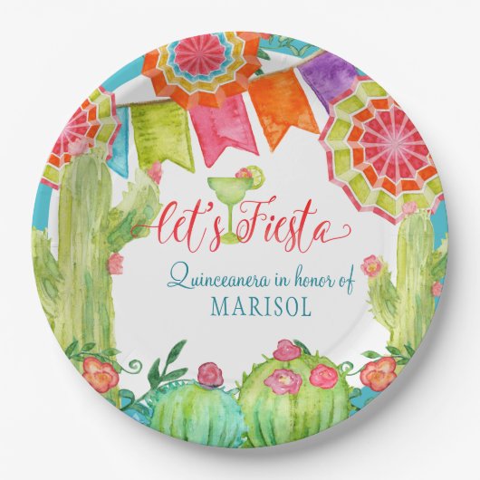 Lässt Fiesta-Kaktus Quinceanera 15. Pappteller (Vorderseite)