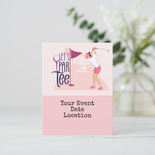 Lasst uns Abschlag für Save the Date Dame Golfer m Postkarte (Stehend Vorderseite)