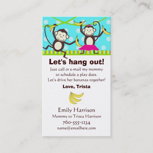 Lasst uns ausgehen, Monkey Play Date Cards Telefonnummerkarte (Vorderseite)