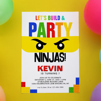 Lasst uns Bauen & Party Bausteine Ninja Geburtstag Einladung