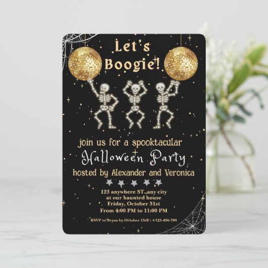 Lasst uns Boogie! Black and Gold Disco Halloween-P Einladung (Stehend Vorderseite)