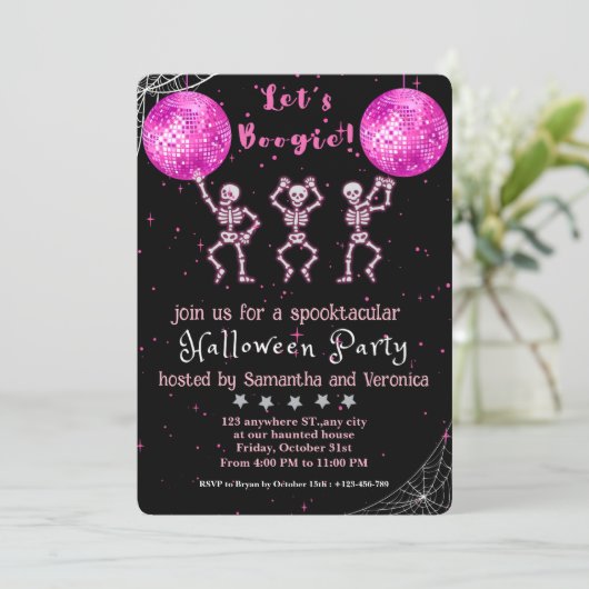 Lasst uns Boogie! Disco-Halloween-Party in Schwarz Einladung (Stehend Vorderseite)