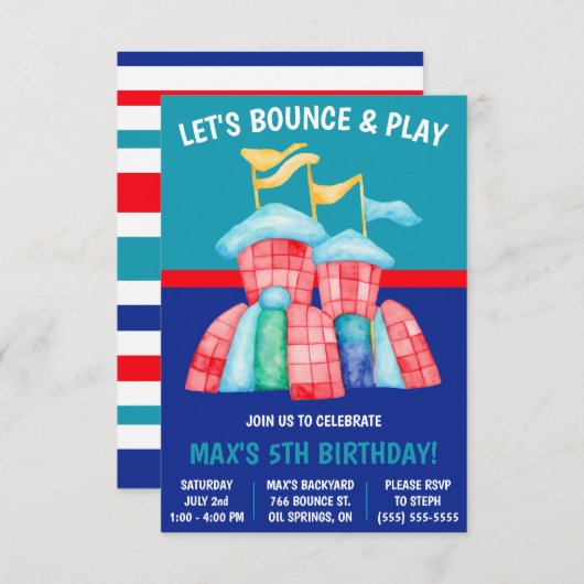 Lasst uns Bounce & Play spielen! Bouncy Castle Bir Einladung (Vorne/Hinten)