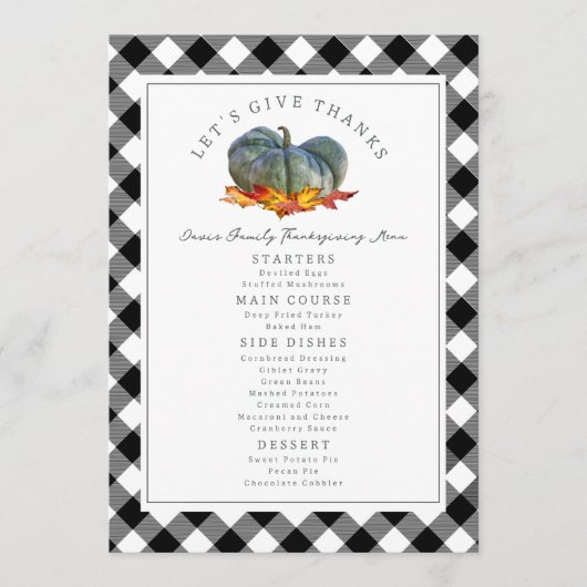 Lasst uns Danke Blue Gourd Karierten Erntedank geb Menükarte (Vorderseite)