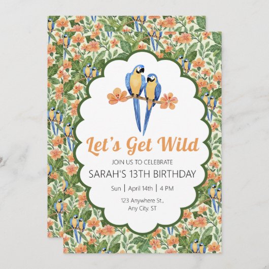 Lasst uns den wilden Macaw-Dschungel zum Geburtsta Einladung (Vorne/Hinten)