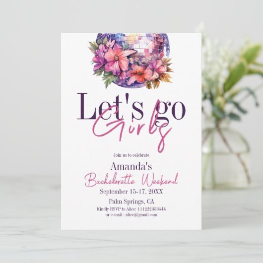 Lasst uns die Girls Pink gehen Letzte Disco-Jungge Einladung (Stehend Vorderseite)