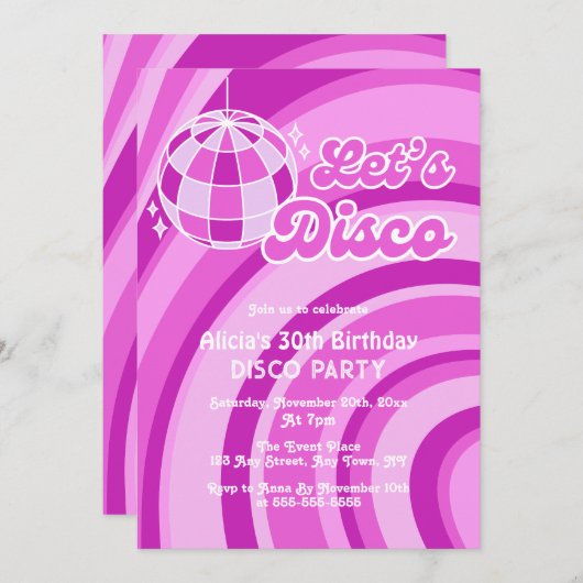 Lasst uns Disco Groovy Wave Retro 70er Lila Geburt Einladung (Vorne/Hinten)