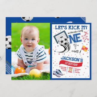 Lasst uns es Rookie Soccer Foto 1. Geburtstag kick Einladung