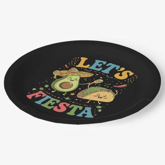 Lasst uns Fiesta Avocado und Tacos Cinco de Mayo Pappteller (Schrägansicht)