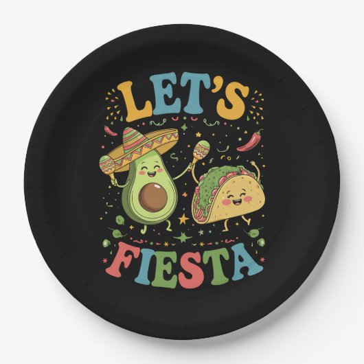 Lasst uns Fiesta Avocado und Tacos Cinco de Mayo Pappteller (Vorderseite)