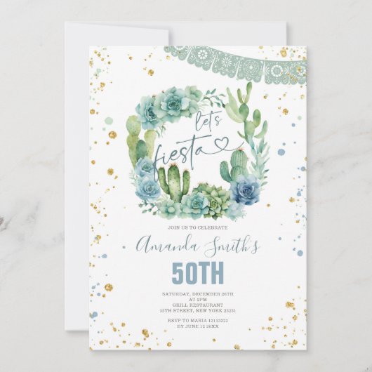 Lasst uns Fiesta Blue Cactus floral jeden Geburtst Einladung (Vorderseite)