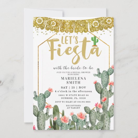 Lasst uns Fiesta Cactus Mexican Brautparty Einladung (Vorderseite)