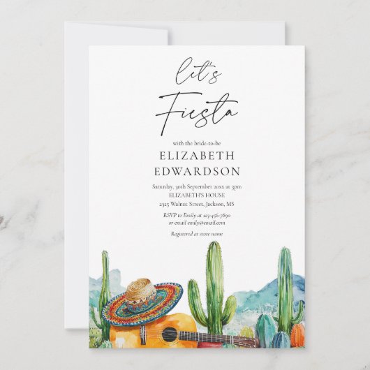 Lasst uns Fiesta Watercolor Cactus Brautparty Einladung (Vorderseite)
