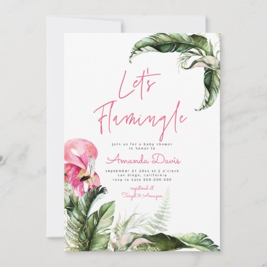 Lasst uns Flamingle Flamingo Tropical Baby Dusche Einladung (Vorderseite)